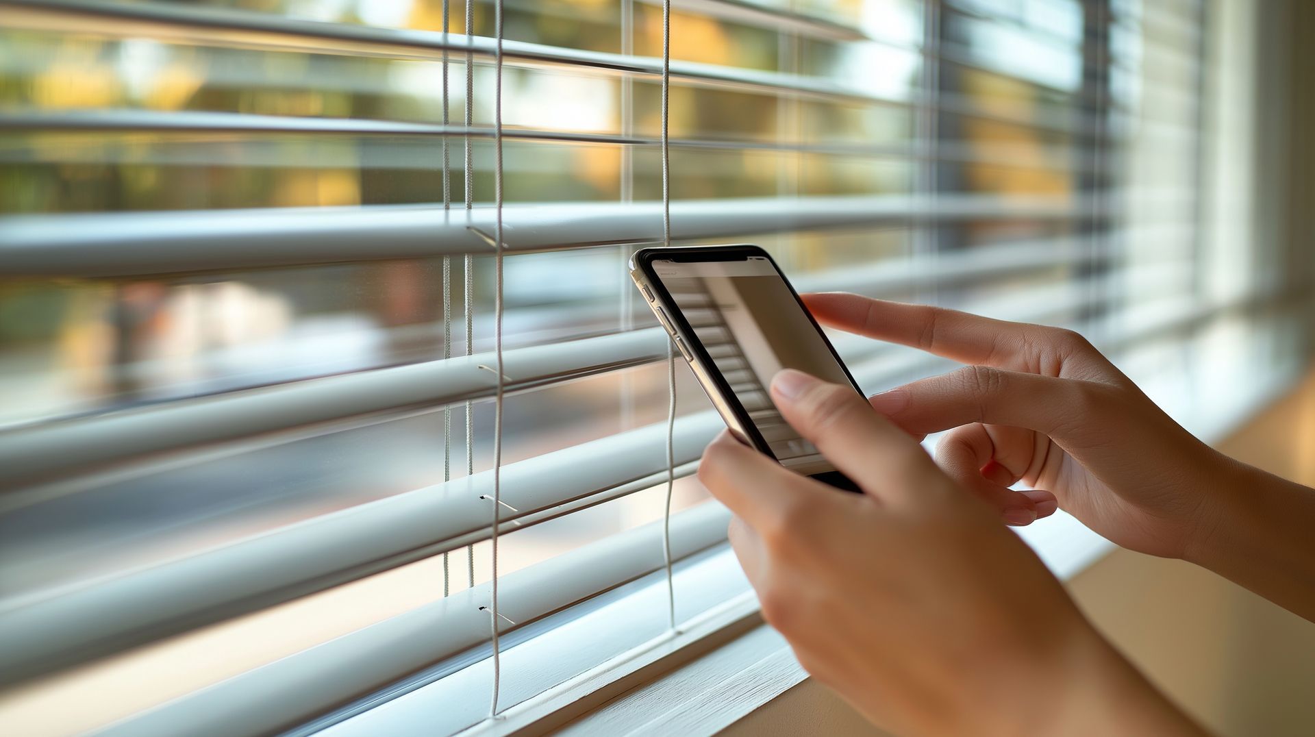 A person controlling smart blinds with a smartphone, with the blinds partially open