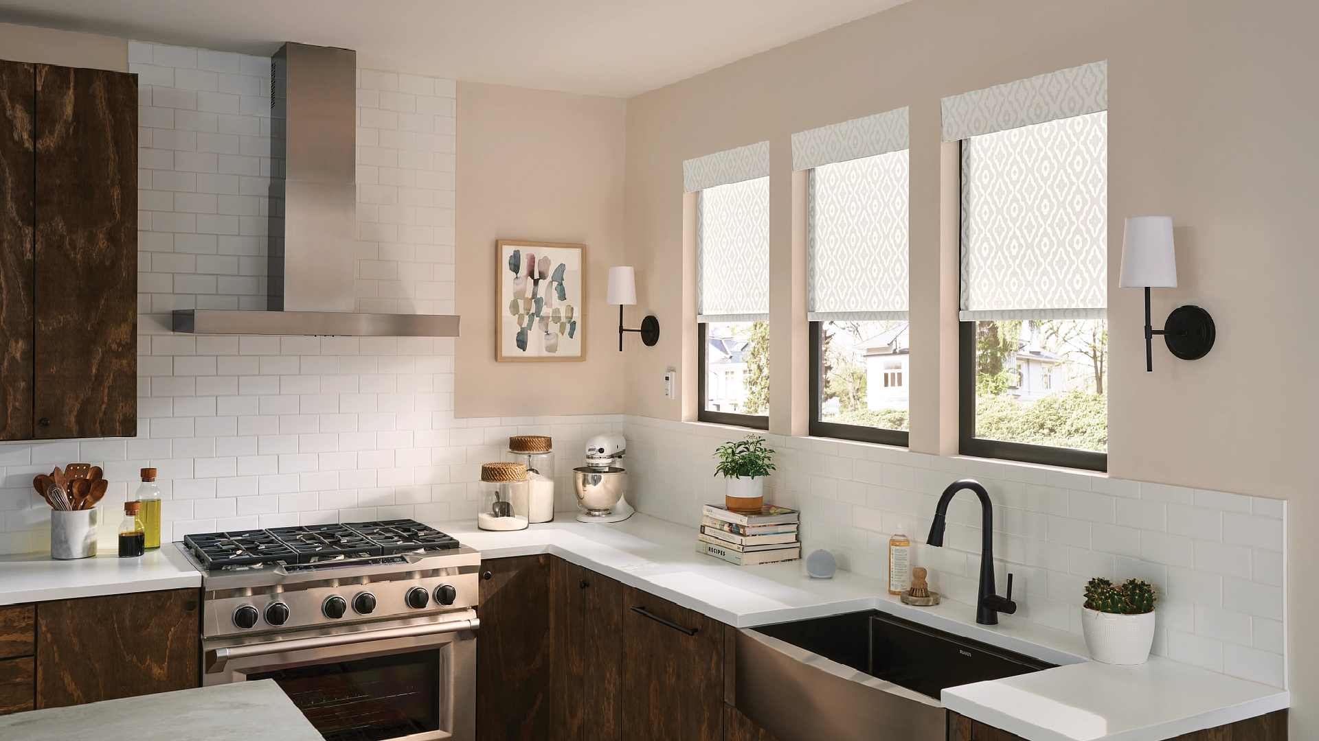 Graber Roller Shades in kitchen with white subway tile and dark wood cabinets