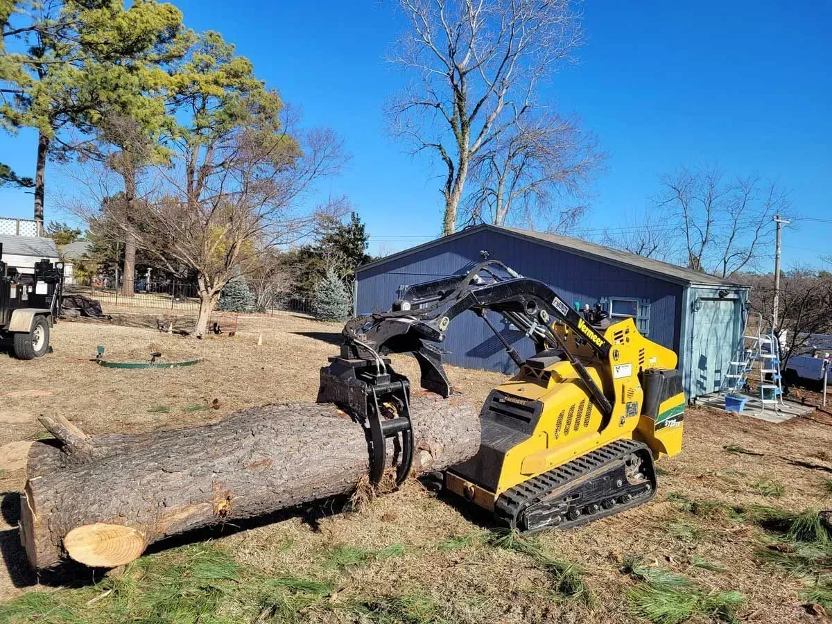 Yellow skid-steer loader pushing a large log across a grassy yard near trees and a blue shed