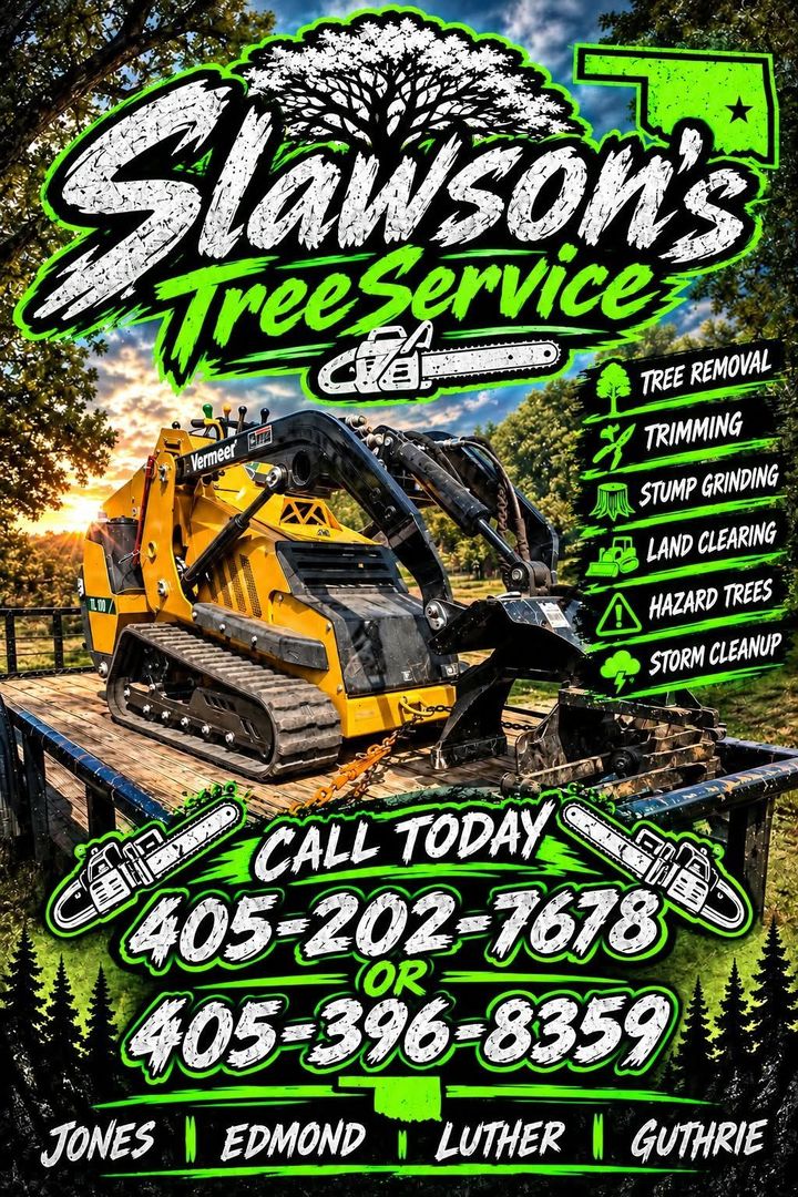 Slawson’s Tree Service ad with yellow skid steer, green logo, and phone numbers on a forest background
