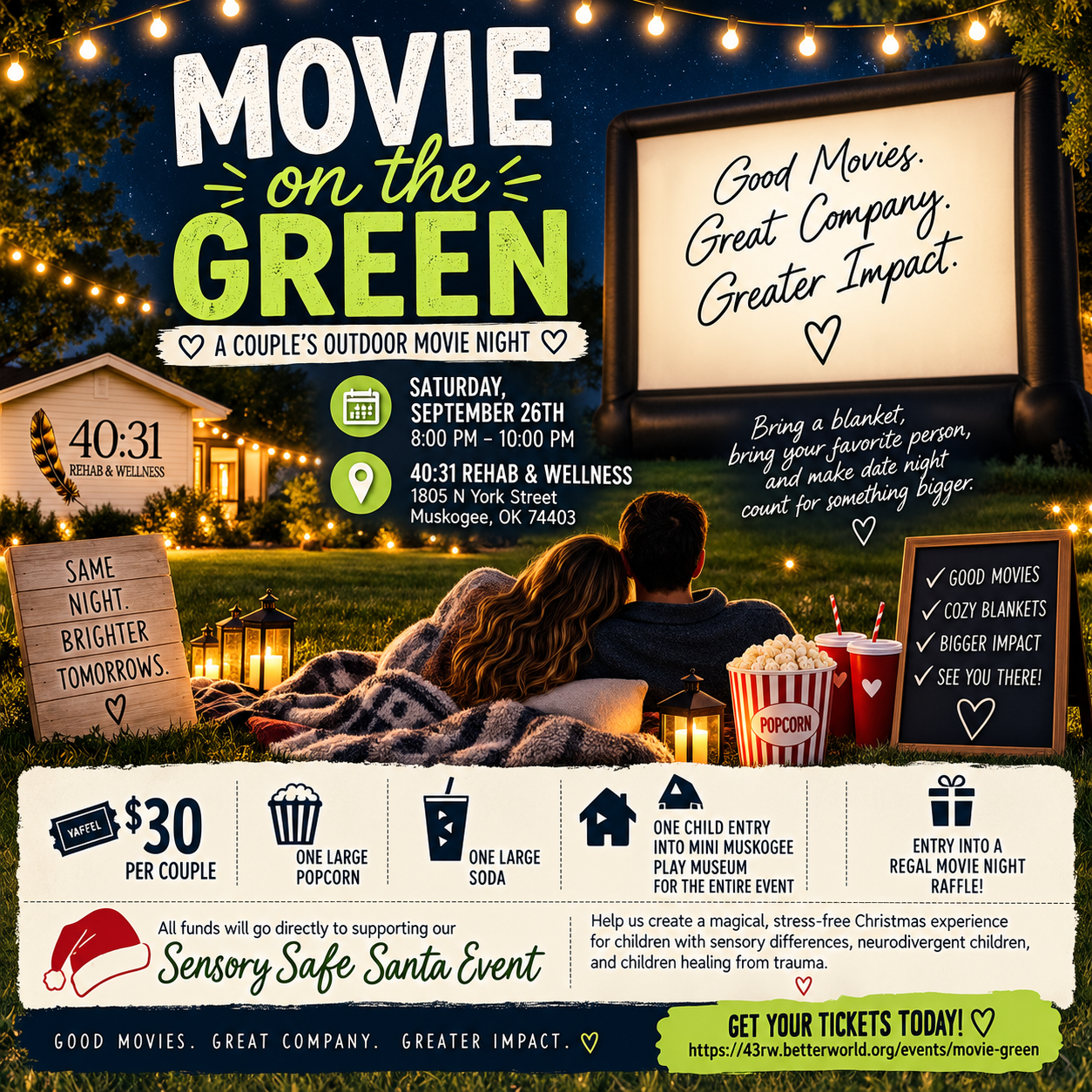 Movie on the Green promo poster with date night package details, food, drinks, and event info