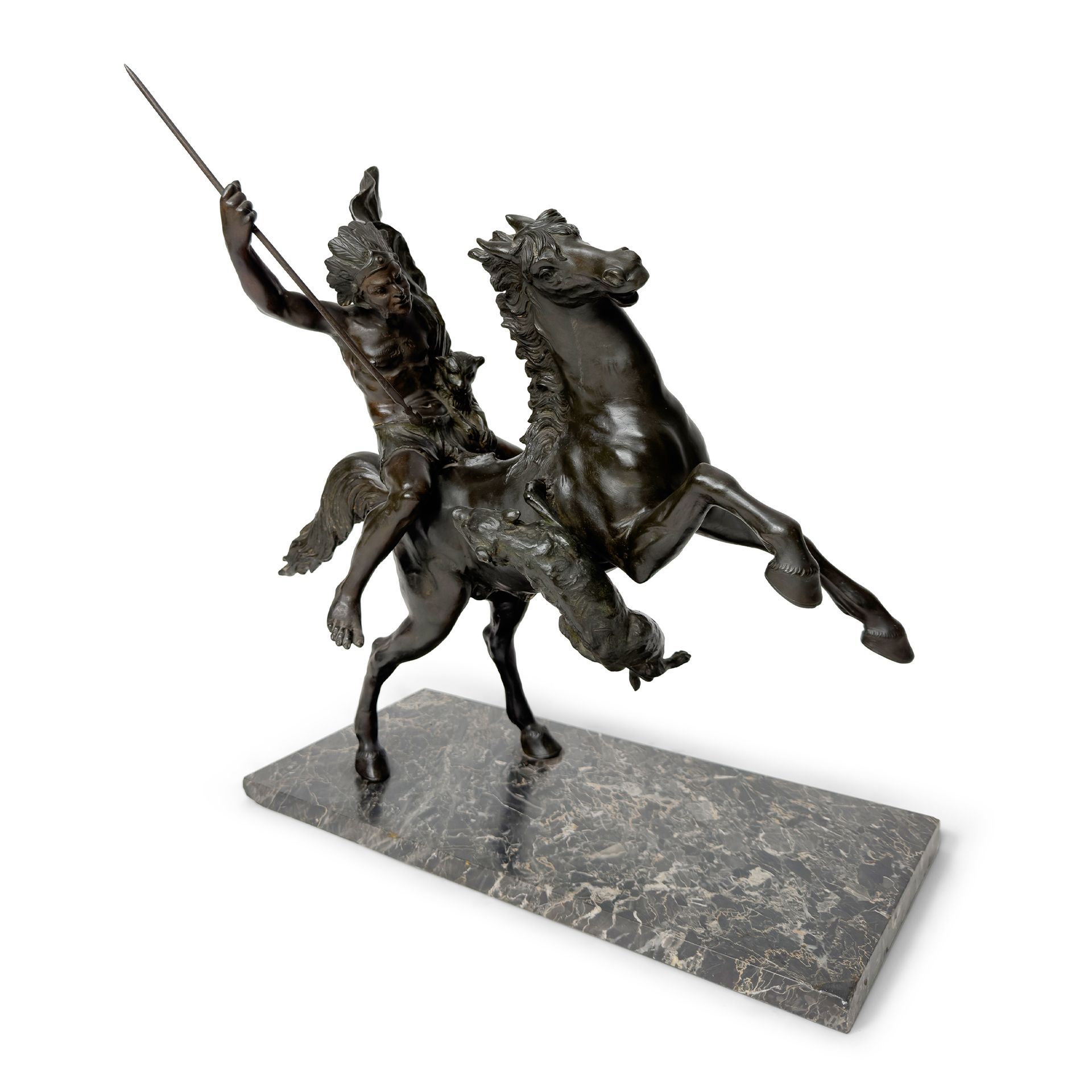 Cacciatore indiano a cavallo in lotta con un felino, scultura in bronzo, inizi del XX secolo
