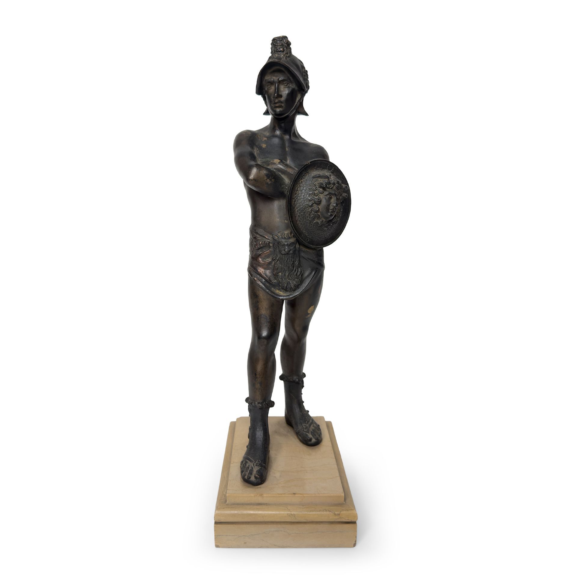 Gladiatore con elmo e scudo, scultura di bronzo patinato, inizi del XX secolo