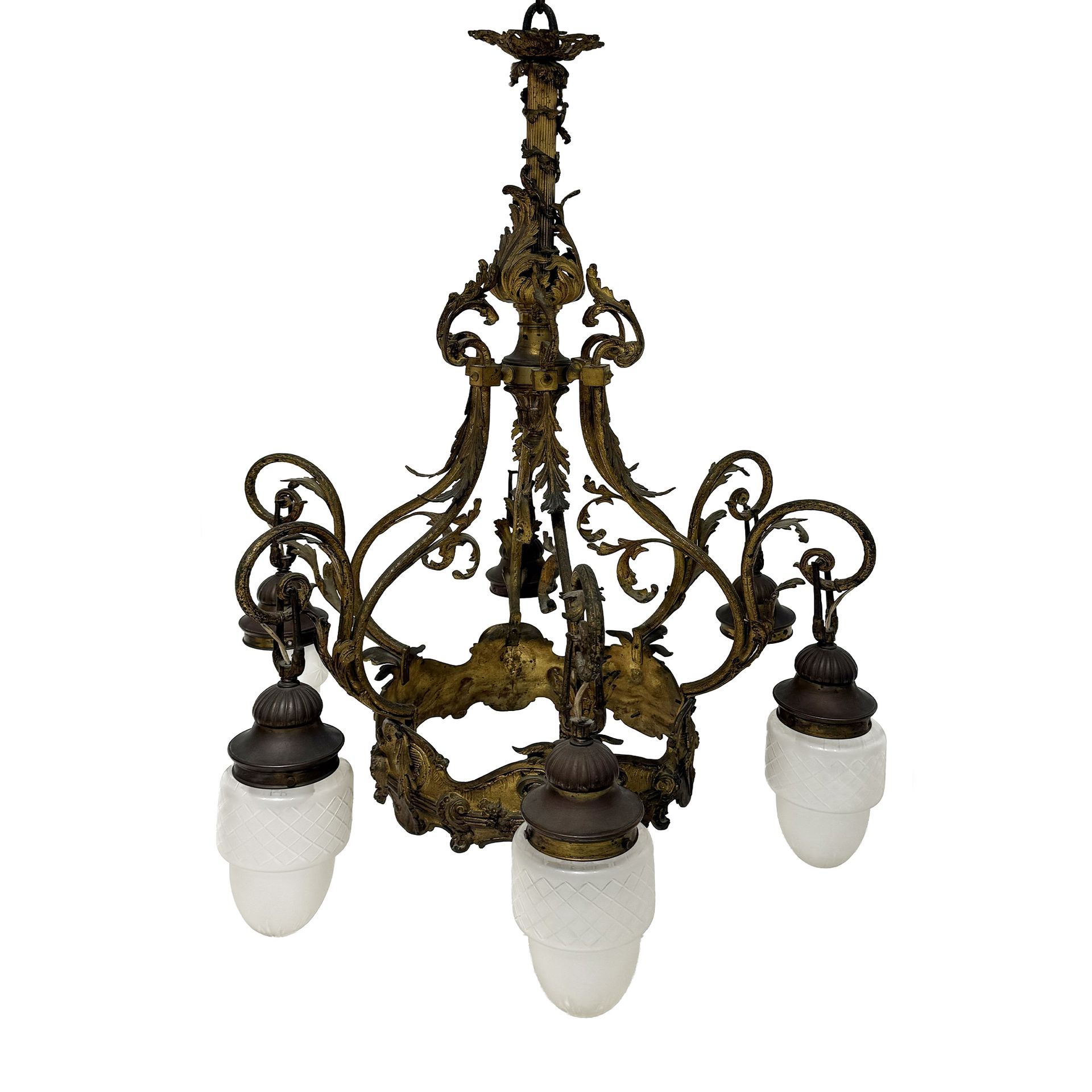 Lampadario in bronzo e metallo dorato, periodo Liberty