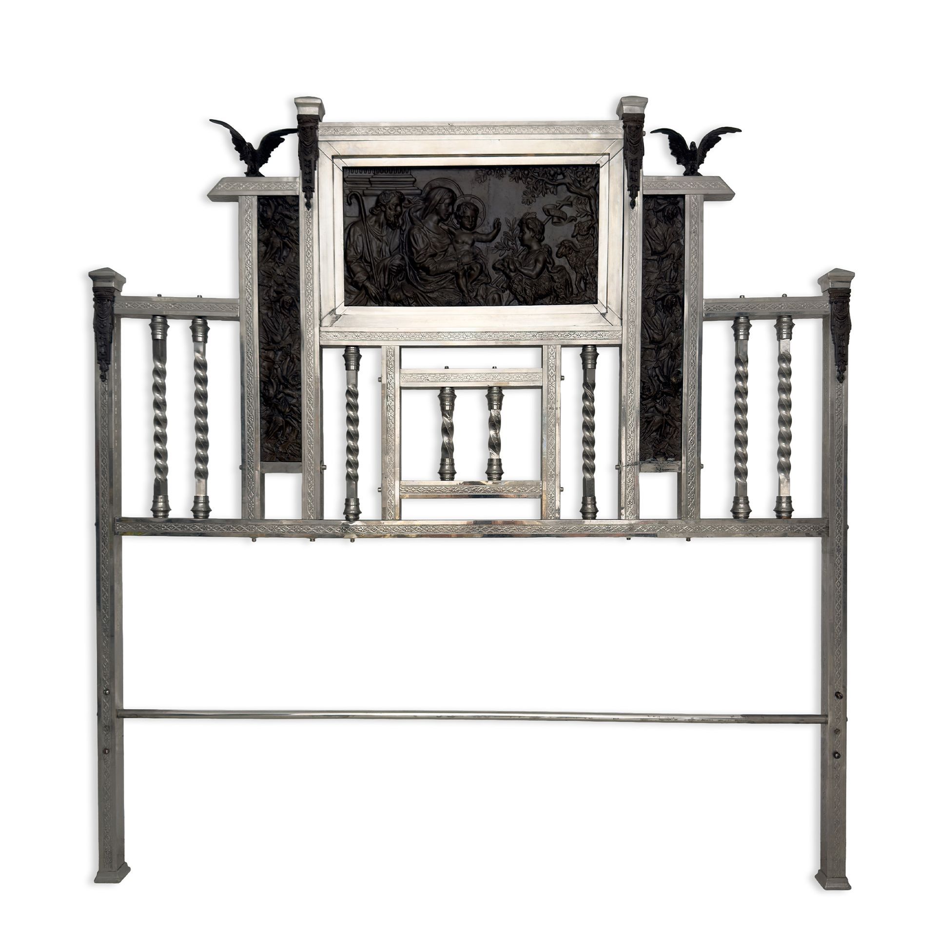Letto matrimoniale in ottone argentato e metallo patinato, inizi del XX secolo