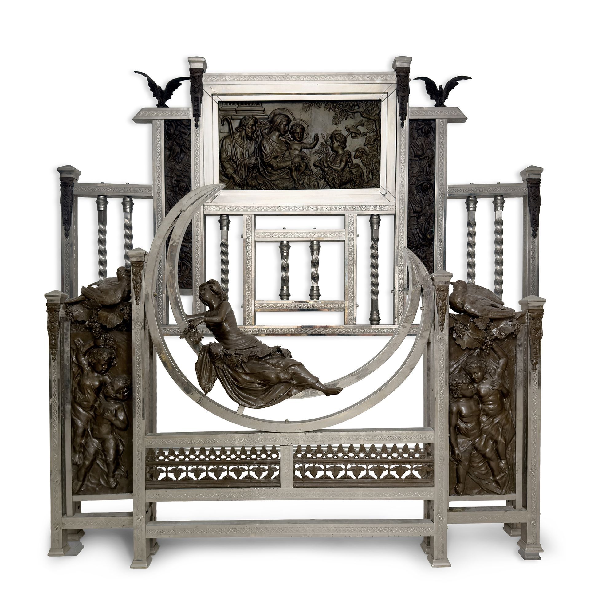 Letto matrimoniale in ottone argentato e metallo patinato, inizi del XX secolo