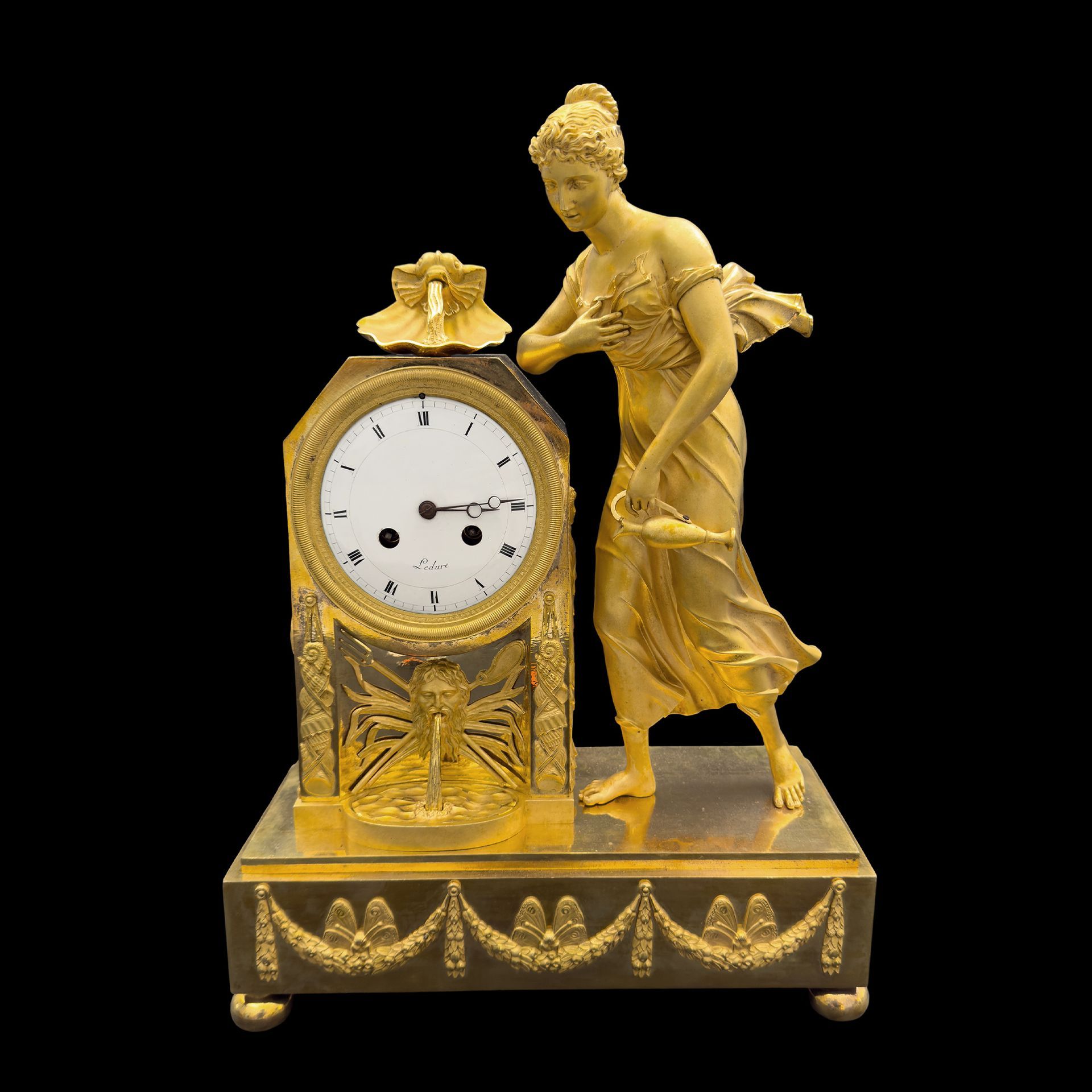 Rara Pendola in bronzo dorato, Francia, Pierre-Victor Ledure, periodo dell'Impero