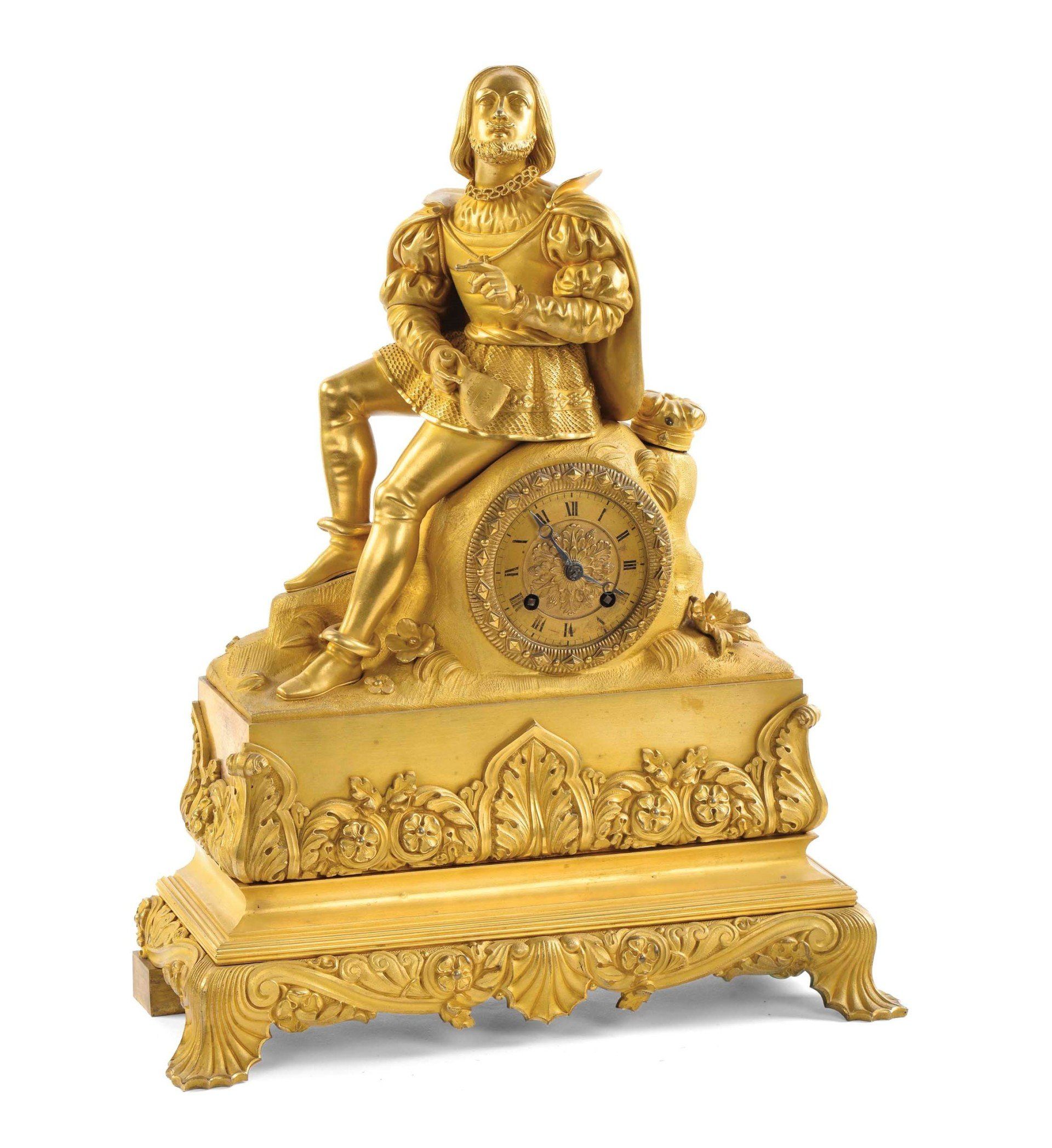 Pendola da tavolo in bronzo dorato al mercurio raffigurante Ludovico Ariosto, Francia XIX secolo