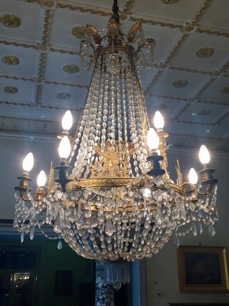 Grande lampadario in bronzo dorato al mercurio con personaggi mitologici, Francia I Impero