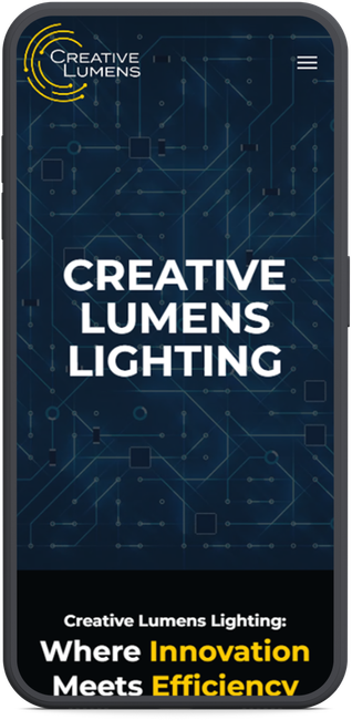 Creative Lumens Lighting website on a smartphone screen, with text