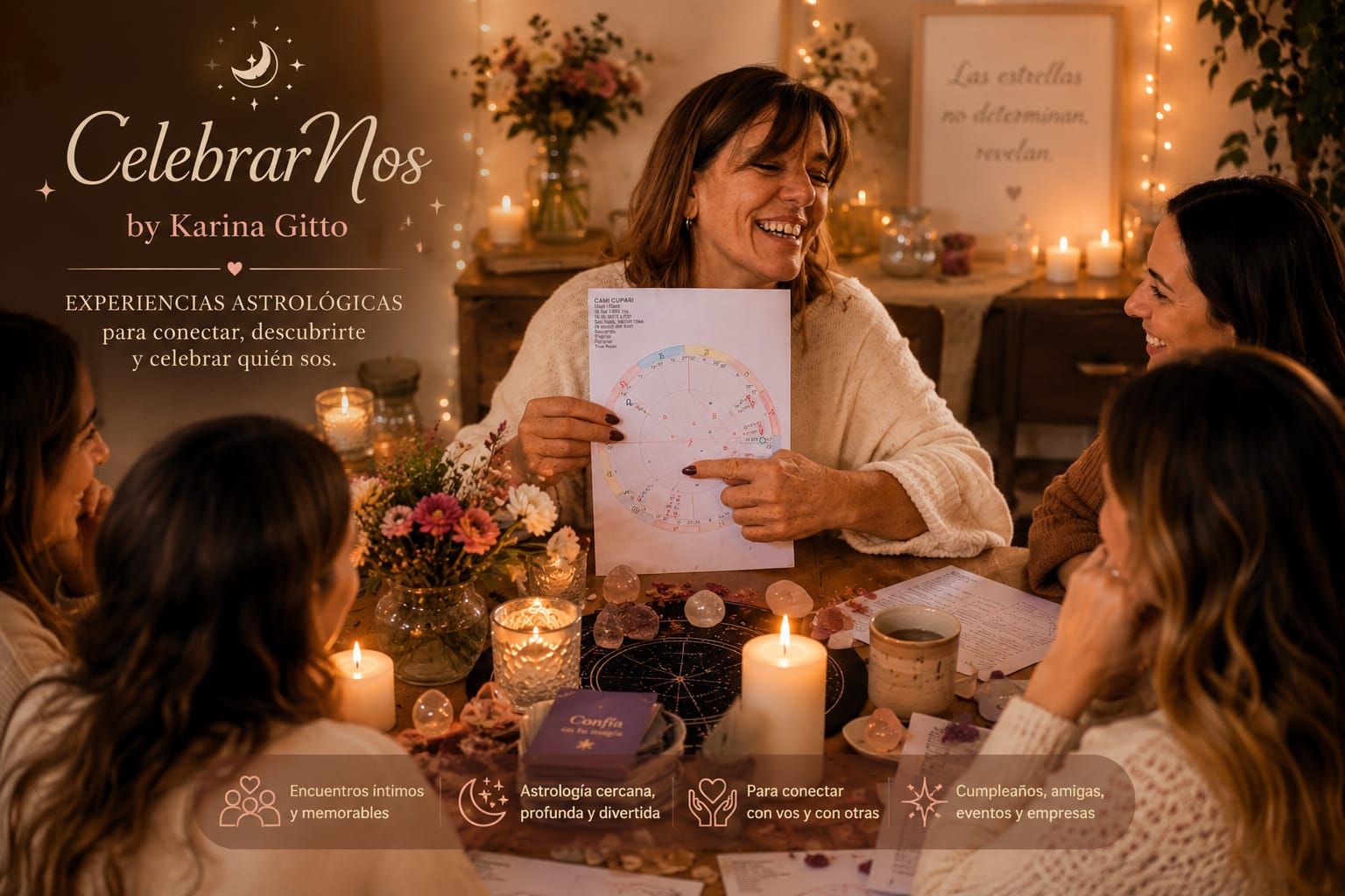 Una cálida reunión a la luz de las velas con mujeres alrededor de una mesa;