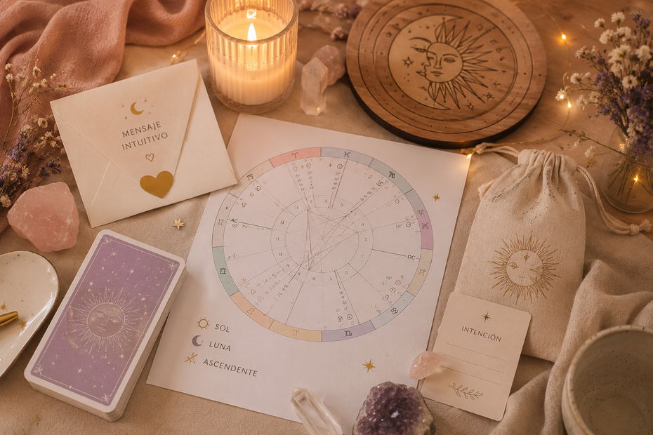 Tirada astrológica con cartas del tarot, tabla de fases lunares, vela y cristales sobre una mesa de color beige cálido.