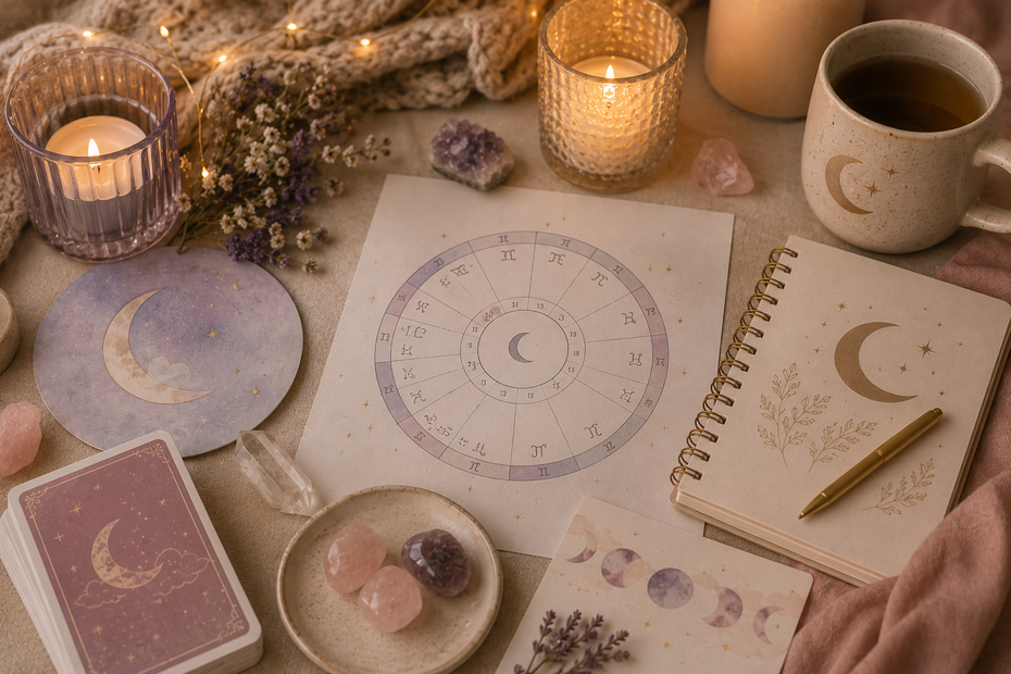Un acogedor altar iluminado con velas, con diarios de fases lunares, cristales y una escritura a mano en un cuaderno.