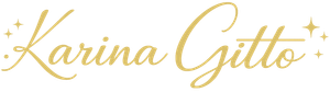 Logotipo de Karina Gitto Tarot en letras doradas suaves y rosas con estrellas decorativas y adornos en forma de corazón.