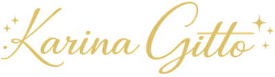 Logotipo de Karina Gitto Tarot en letras doradas suaves y rosas con estrellas decorativas y adornos en forma de corazón.