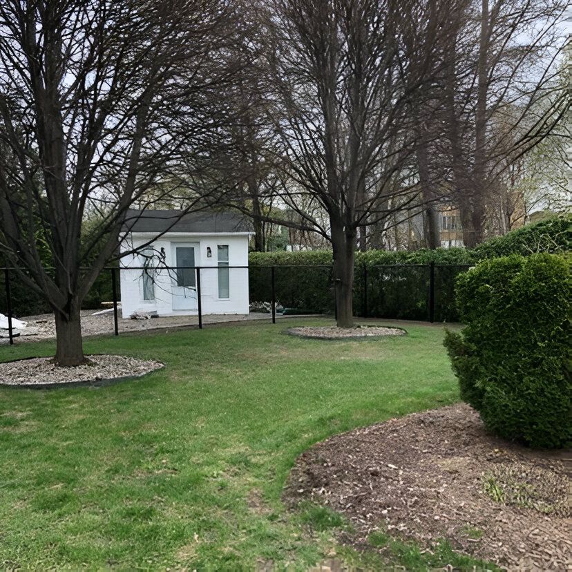 Small white shed in a grassy yard, surrounded by black fence and trees.