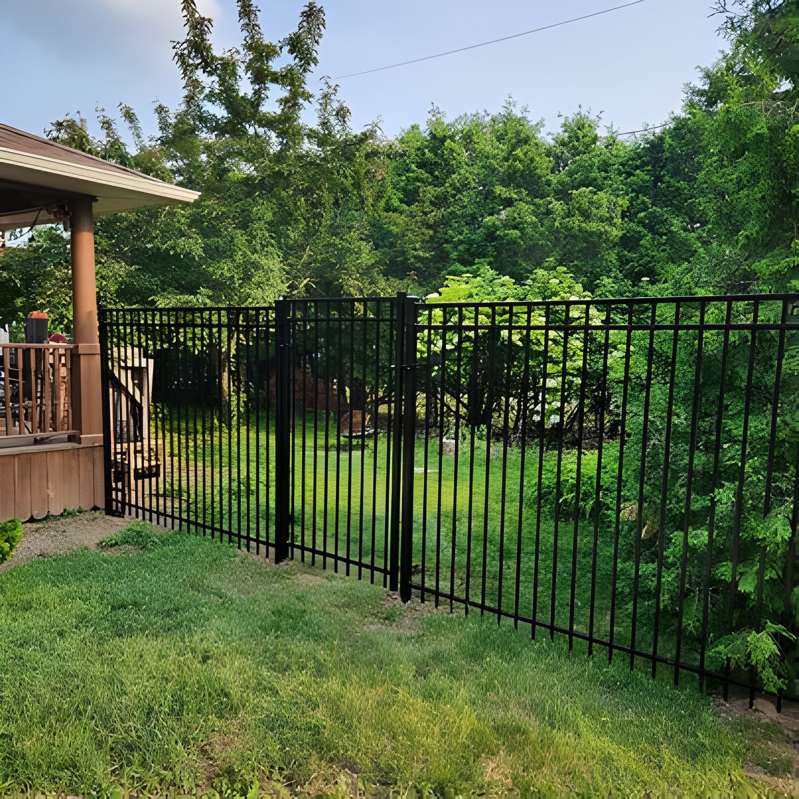 Black metal fence around a grassy backyard with trees and a deck.