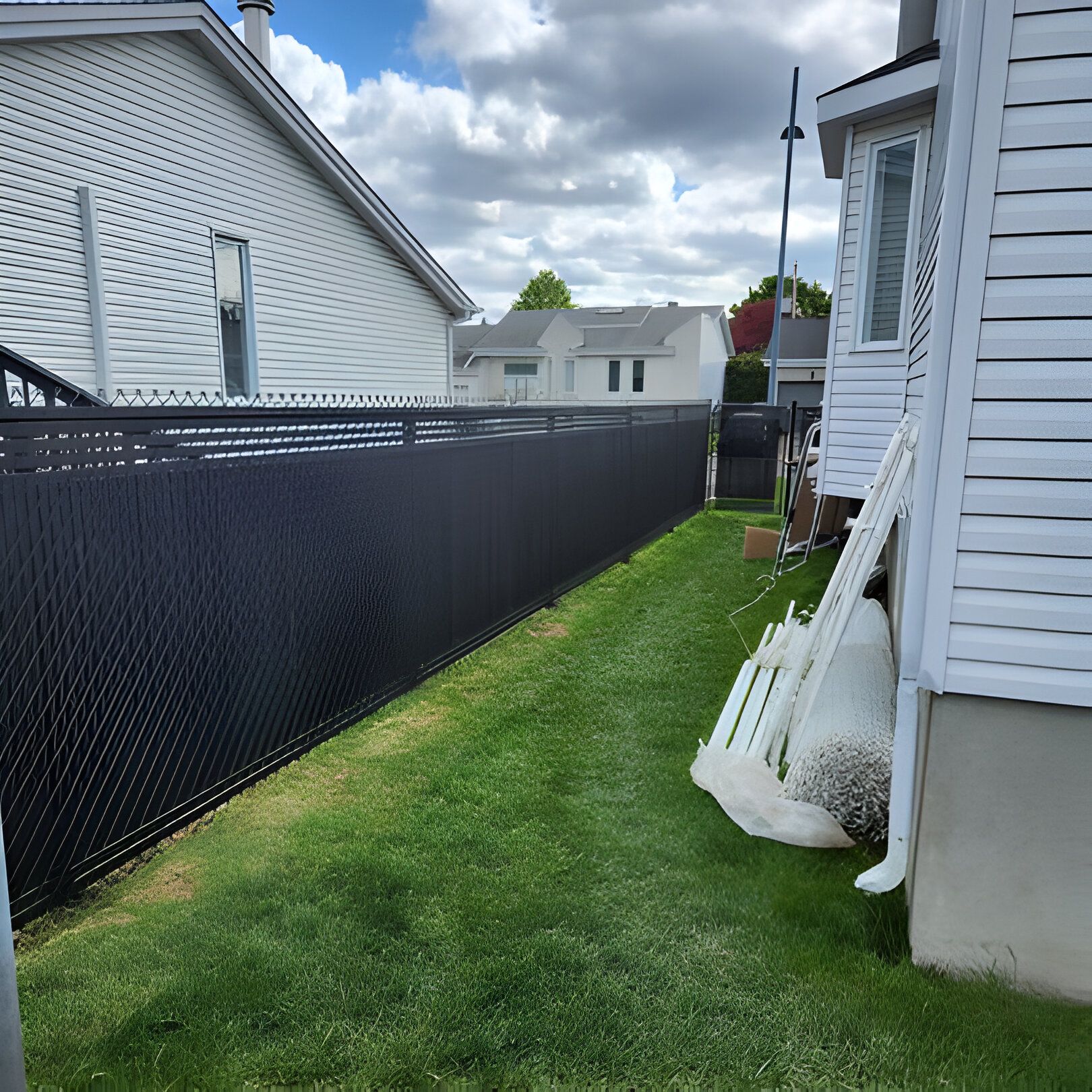 Black chain-link fence separating green grassy yards of two houses on a cloudy day.