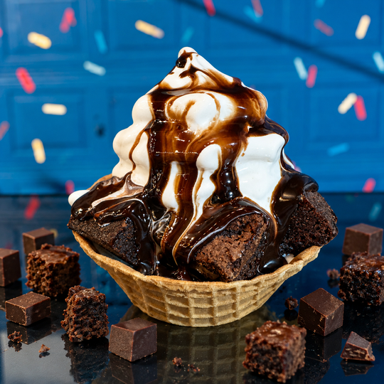 a brownie sundae with chocolate sauce and whipped cream in a waffle cone .