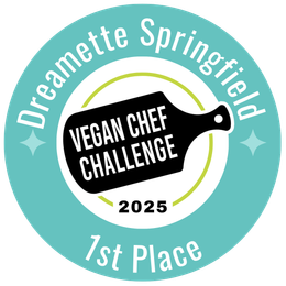 Dreamette Springfield Vegan Chef Challenge 2025 1st Place badge with black spatula logo on teal background