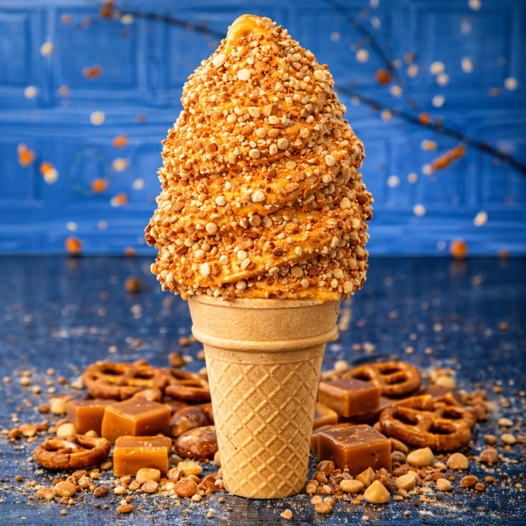 A soft-serve ice cream cone coated in crushed nuts, surrounded by caramels and pretzels on a dark blue textured surface.
