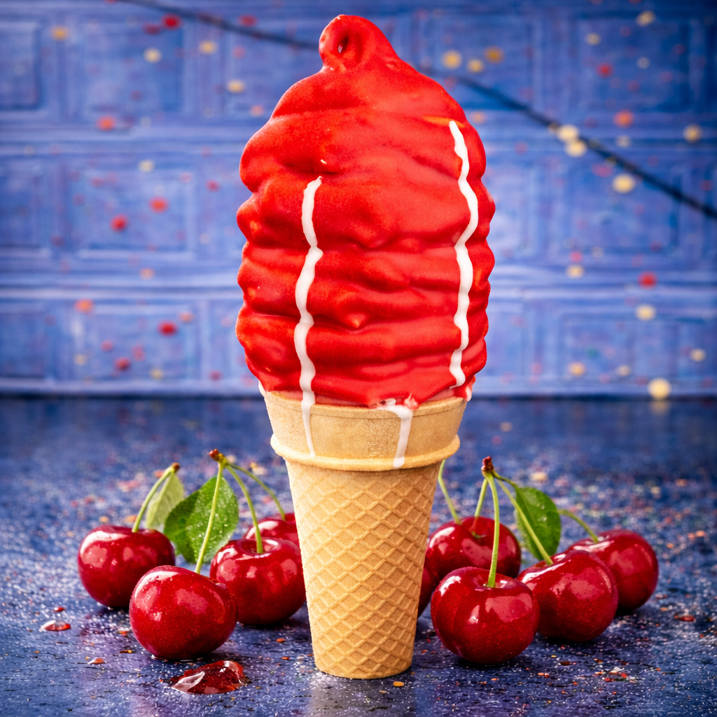A bright red, cherry-dipped soft-serve ice cream cone centered against a blue background with scattered fresh cherries.