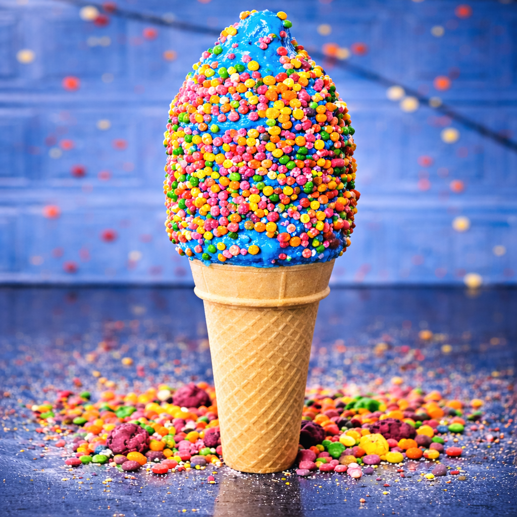 A blue soft-serve ice cream cone covered in colorful sprinkles, resting on a dark, sprinkle-covered surface.
