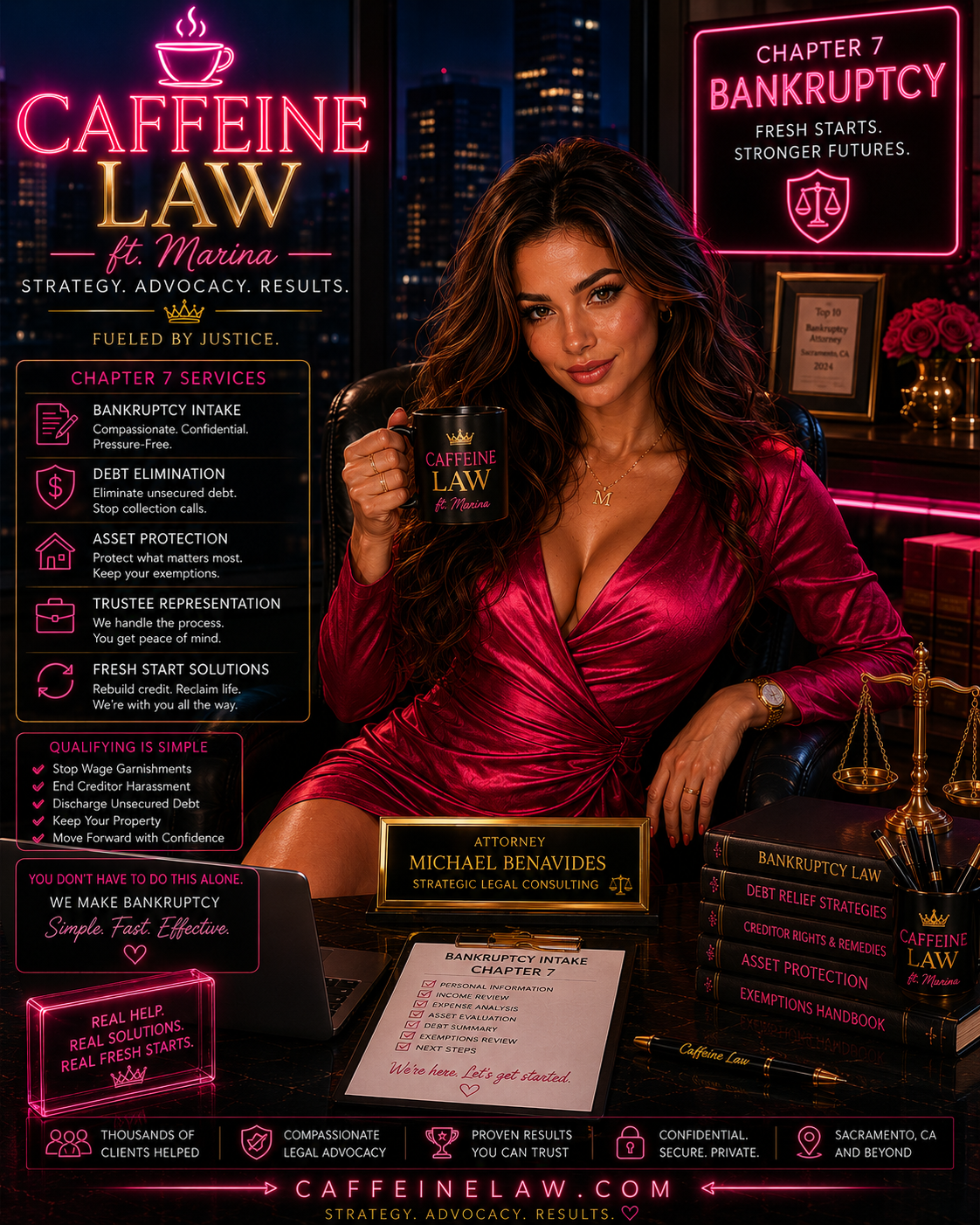 Pink-and-black law firm promo with seated woman, neon “Caffeine Law” branding, and bankruptcy services text