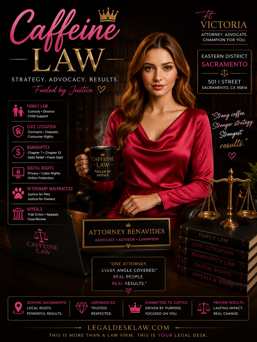 Woman in red satin dress holding a coffee mug beside “Caffeine Law” event poster on black background