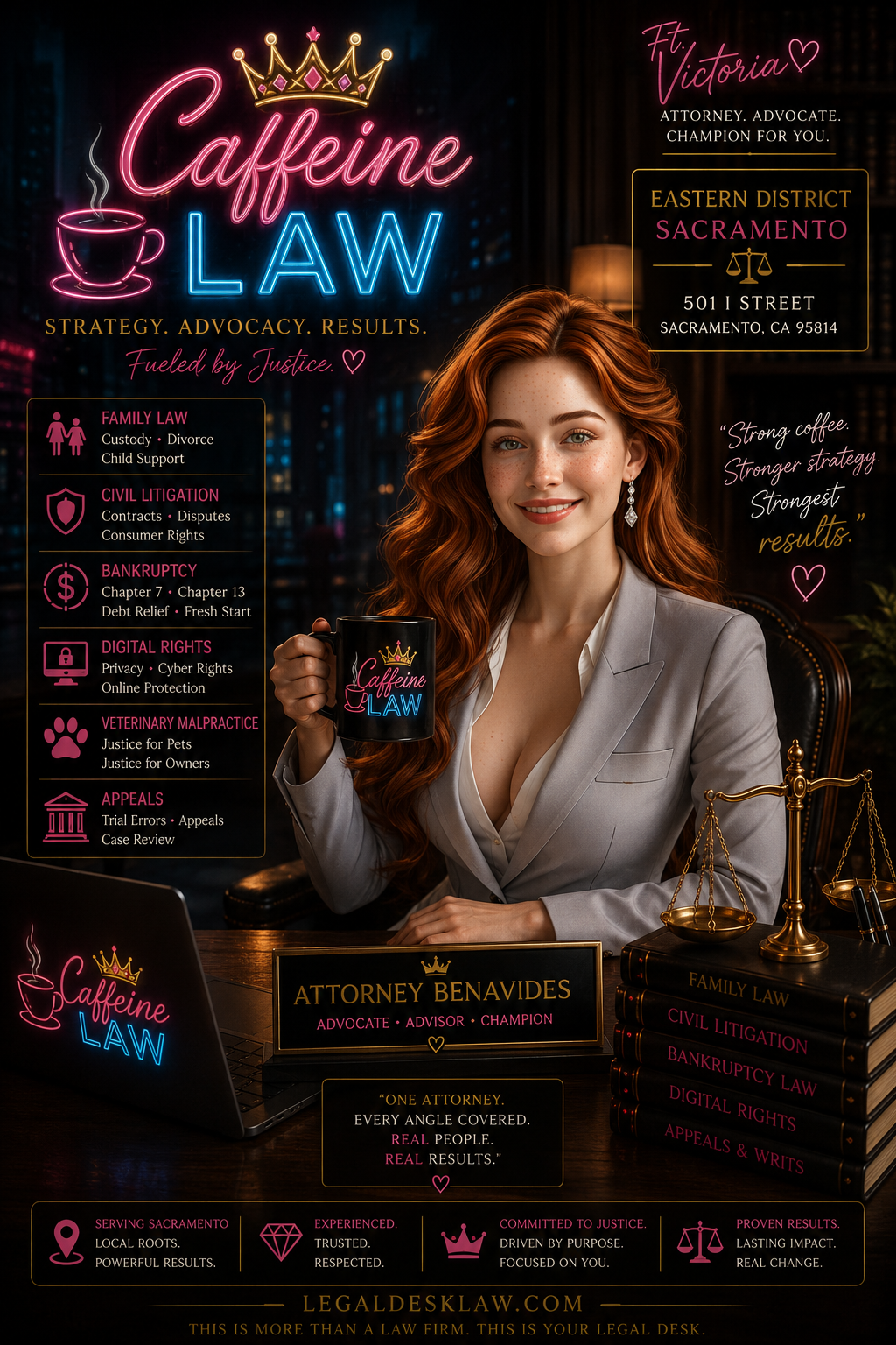 Neon coffee law poster with a woman holding coffee, glowing text, and legal-themed icons on a dark background