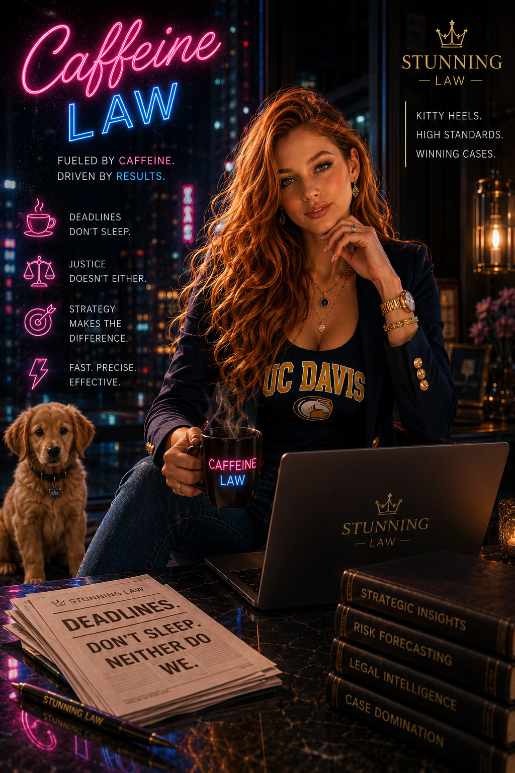 Neon-lit coffee-themed desk with woman, dog, laptop, and books beside a sign reading “Caffeine Law”