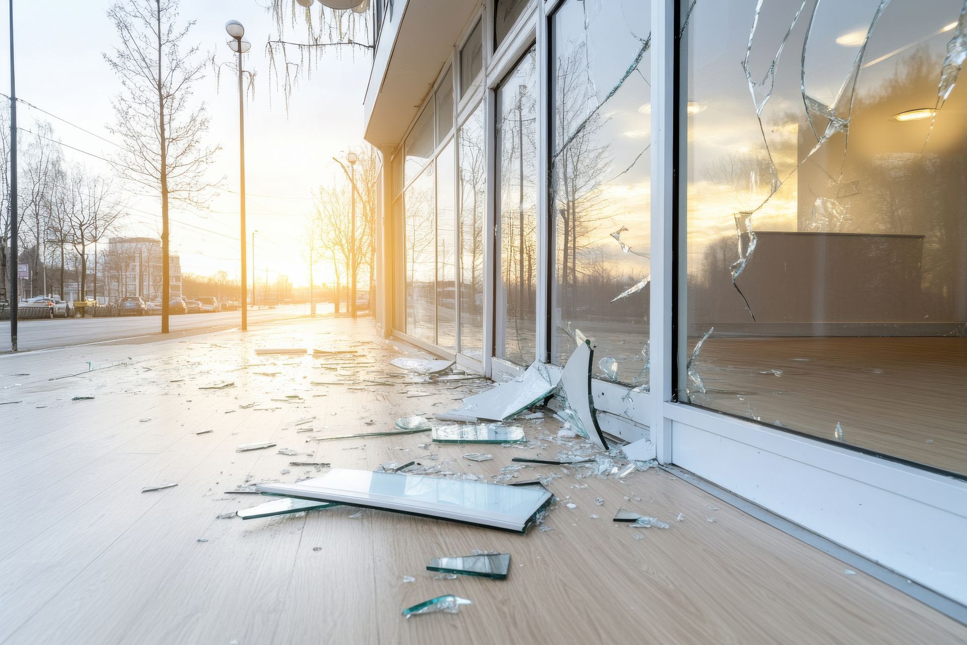 Broken glass and shattered panels scattered on a sunlit balcony outside a modern building.