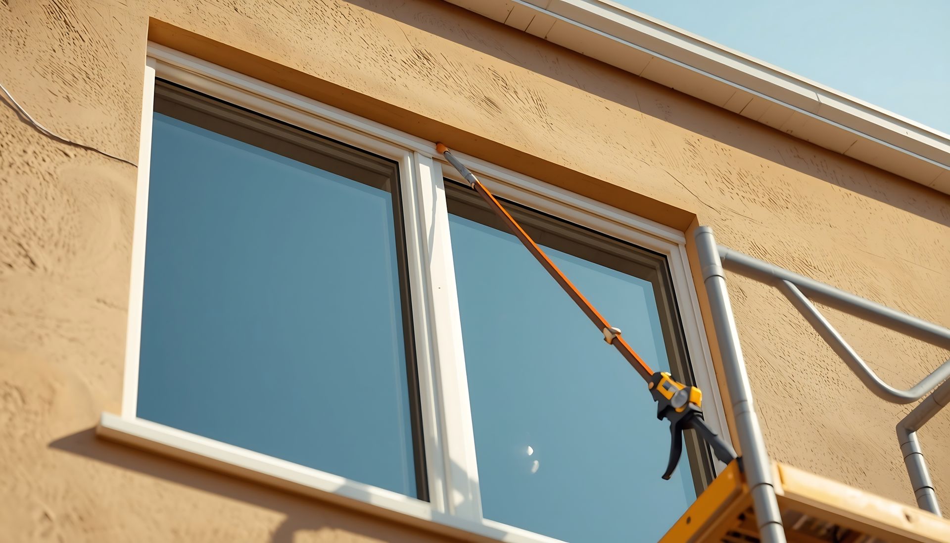 Professional commercial window repair using a sealant gun on a building exterior with scaffolding.