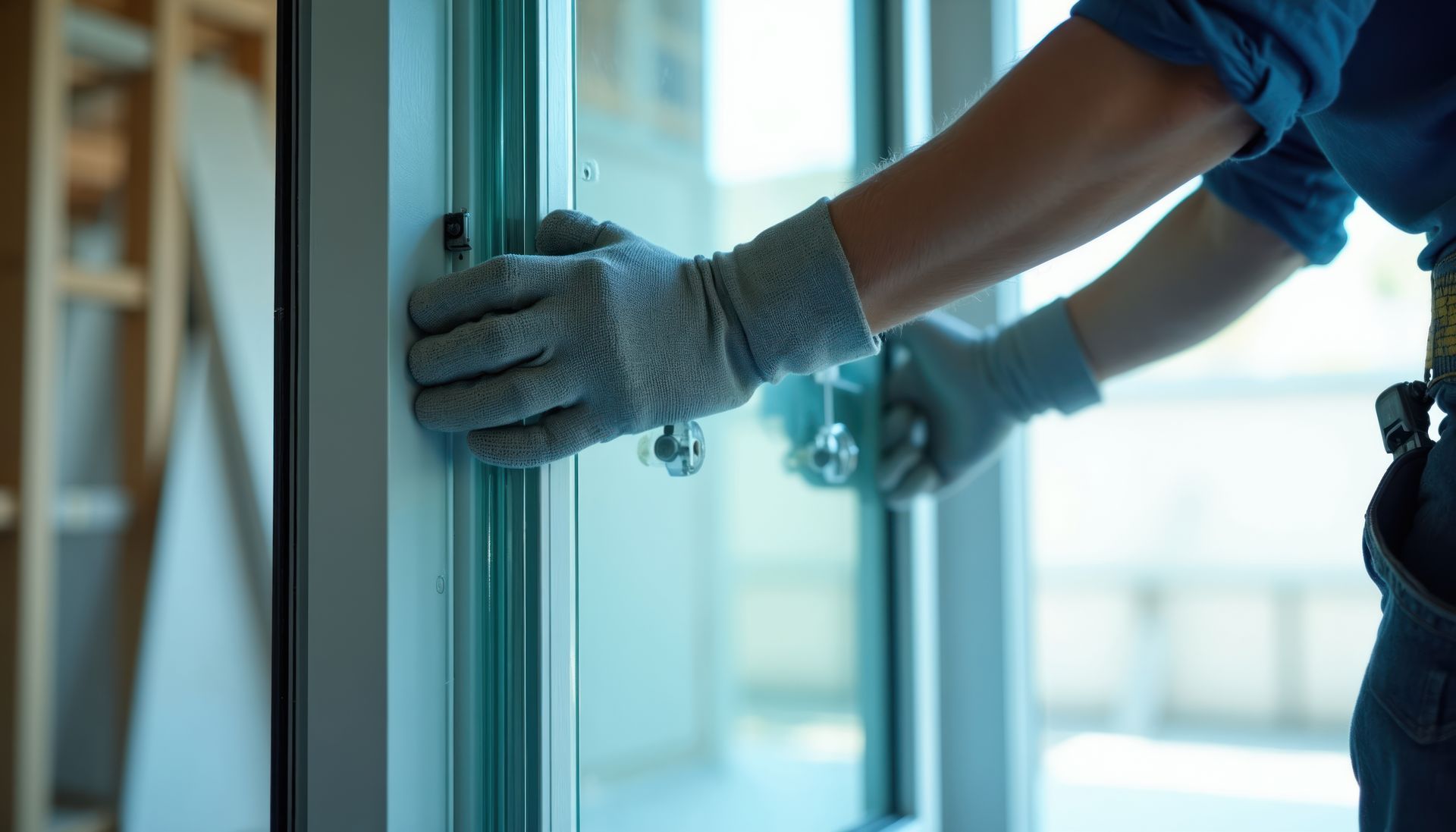 A worker uses suction cups to install new glass as part of a commercial window repair service.