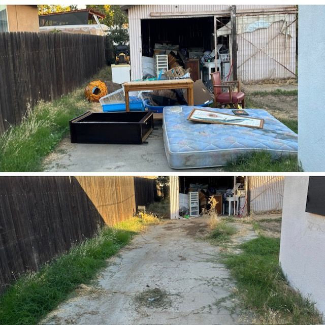 Before and after shots: a pile of trash on a sidewalk, then a clean sidewalk after debris is removed.
