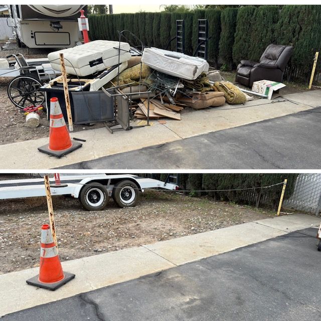 Before and after of a yard cleanup; before: pile of trash and cardboard boxes; after: clean, empty yard.