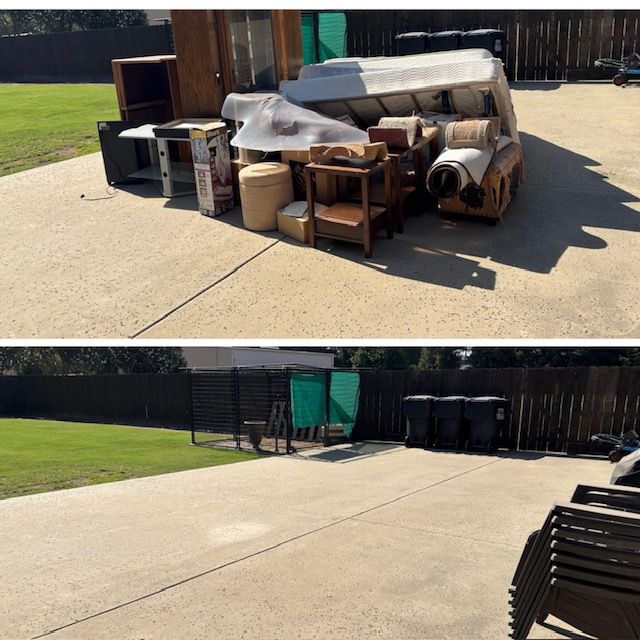 Before and after view of a patio. Left: Trash bags, debris. Right: Clean patio.