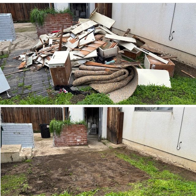 Before and after photos: a cluttered outdoor area transformed into a clean space.