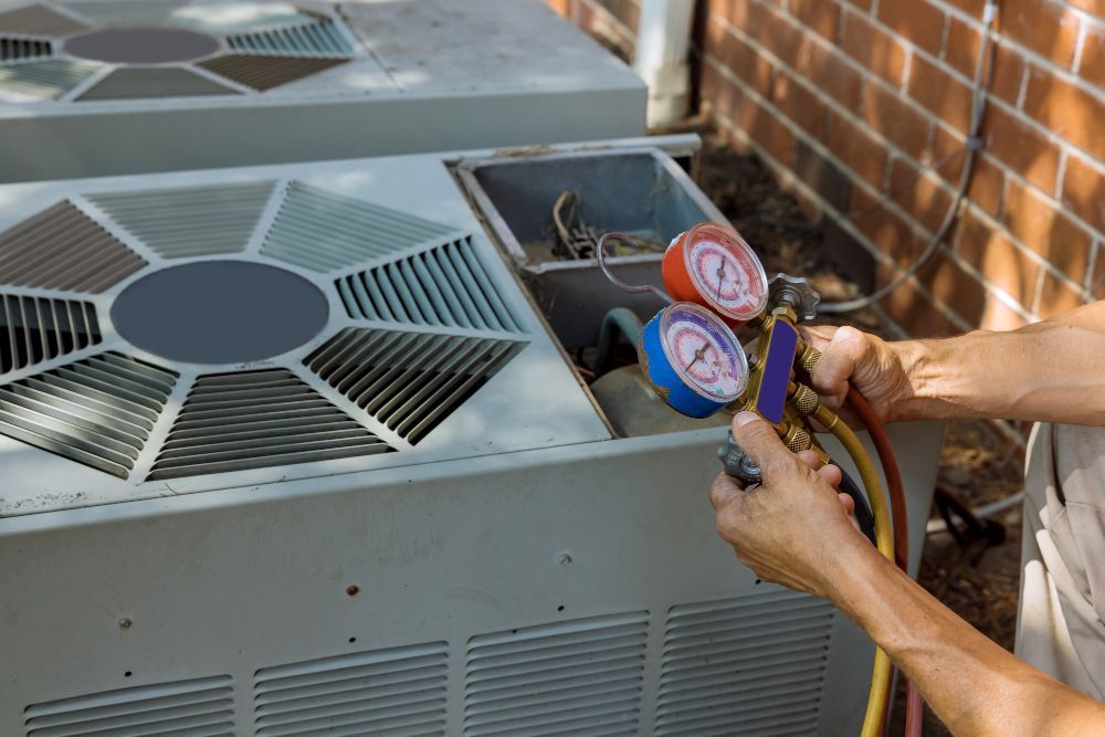 Technician checking HVAC unit gauges beside outdoor air conditioner