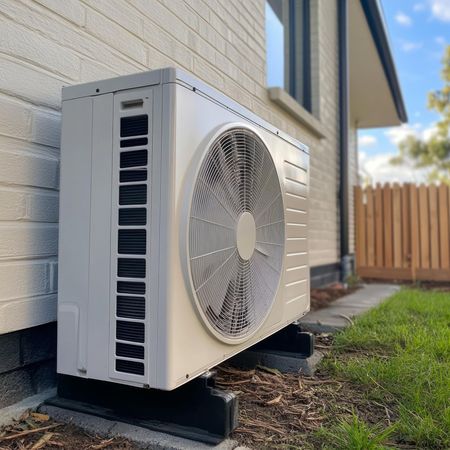 Outdoor central AC unit beside a house wall on a grassy yard.