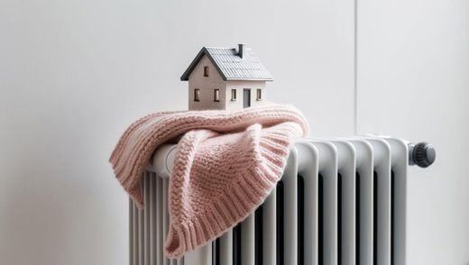 Small house ornament on a radiator with a pink knitted blanket draped over it.