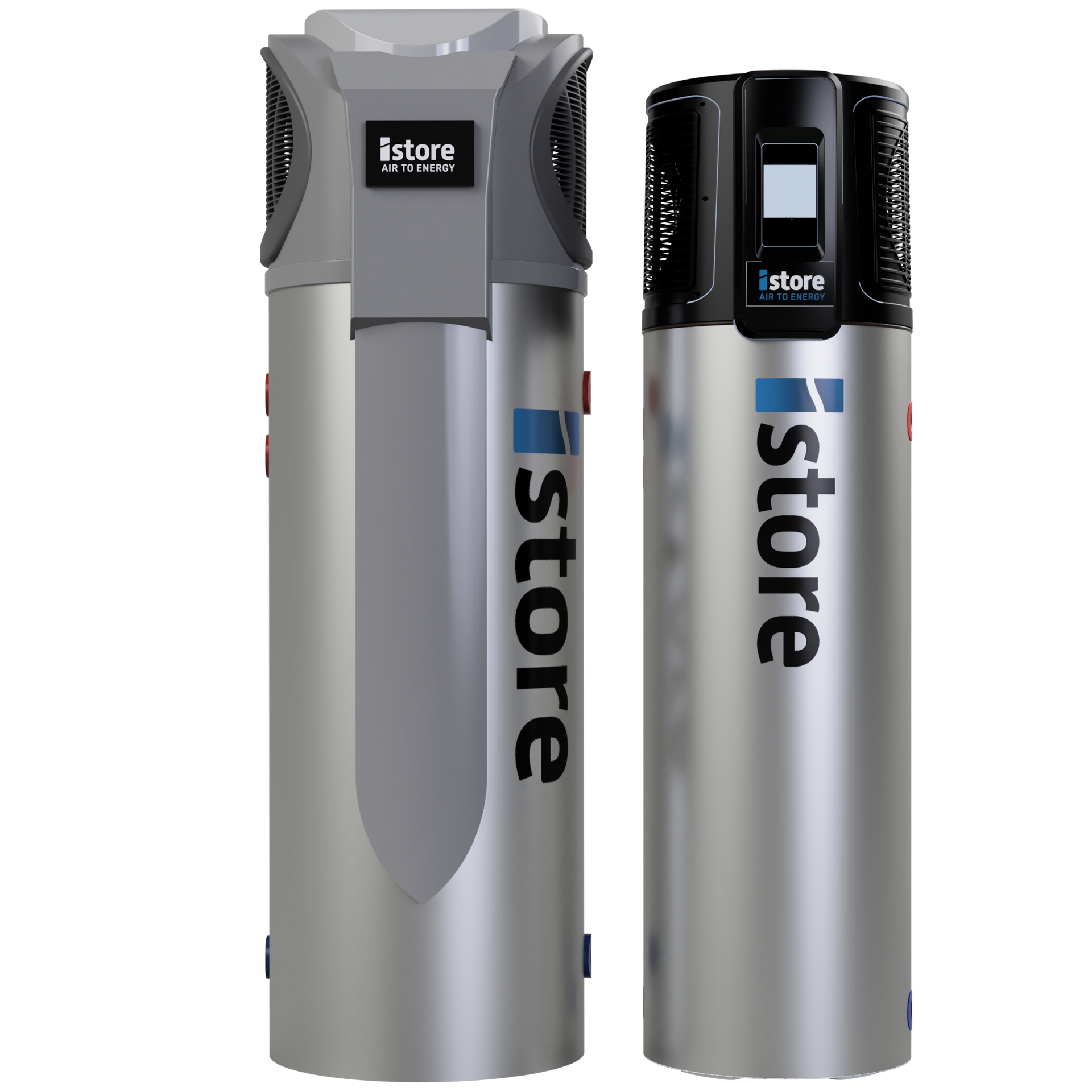 Two silver and black water coolers with vertical “store” branding, shown side by side on white background