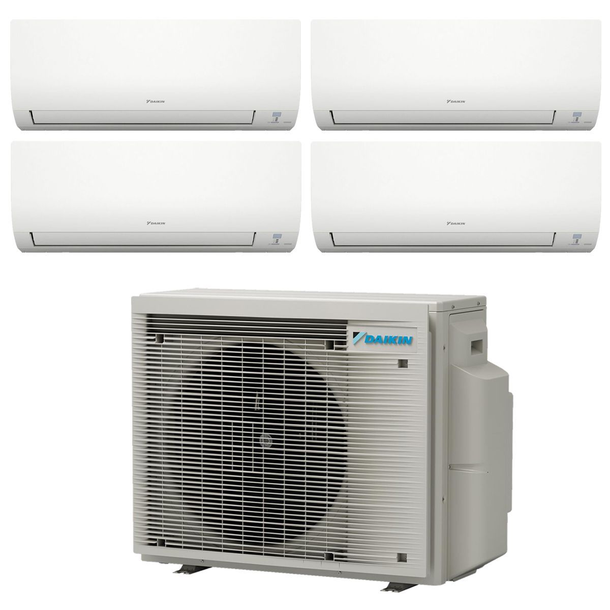 Four white wall-mounted air conditioners above a matching outdoor condenser unit.