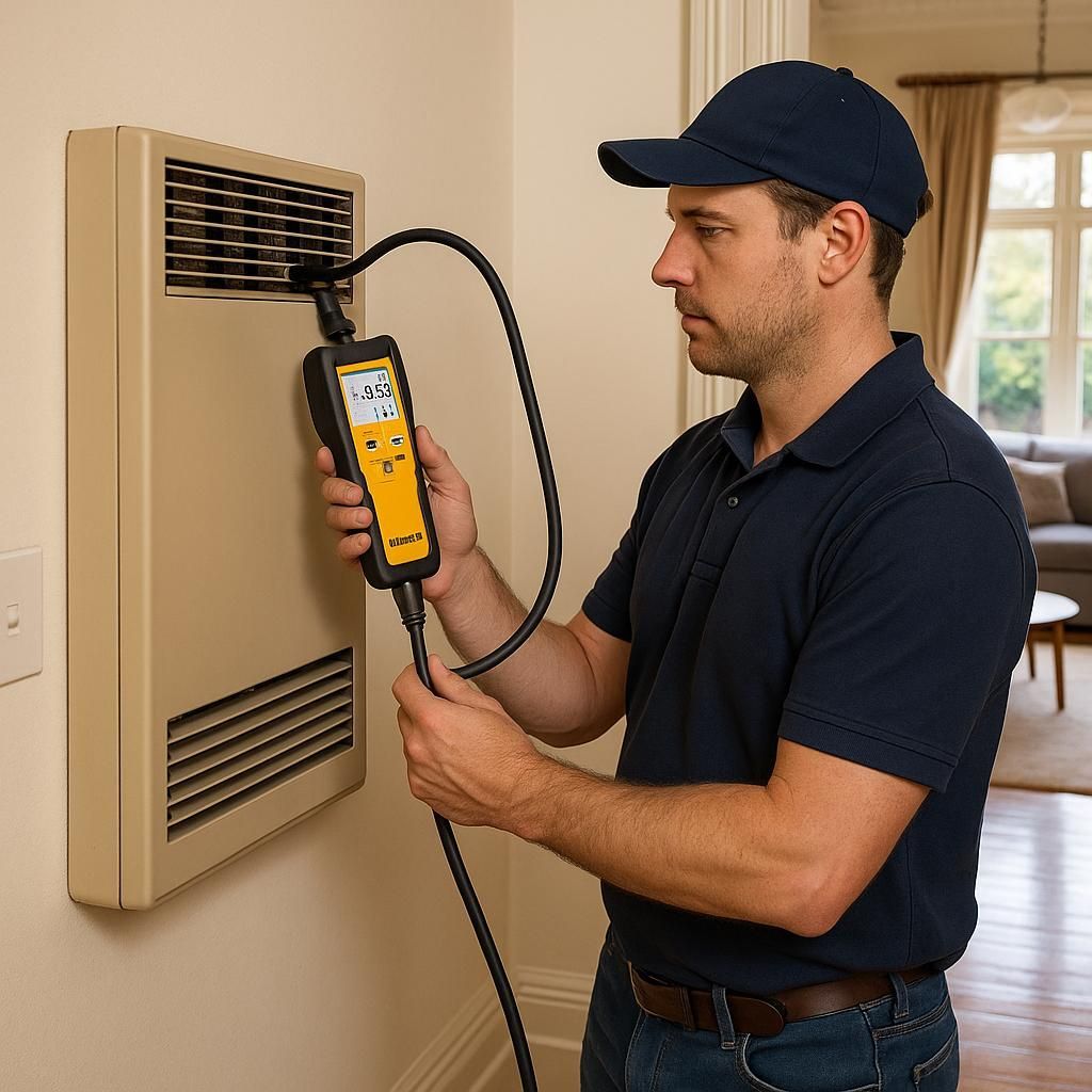 Gloved hands wiring an electrical outlet box in a wall, with exposed cables and tools on the floor.