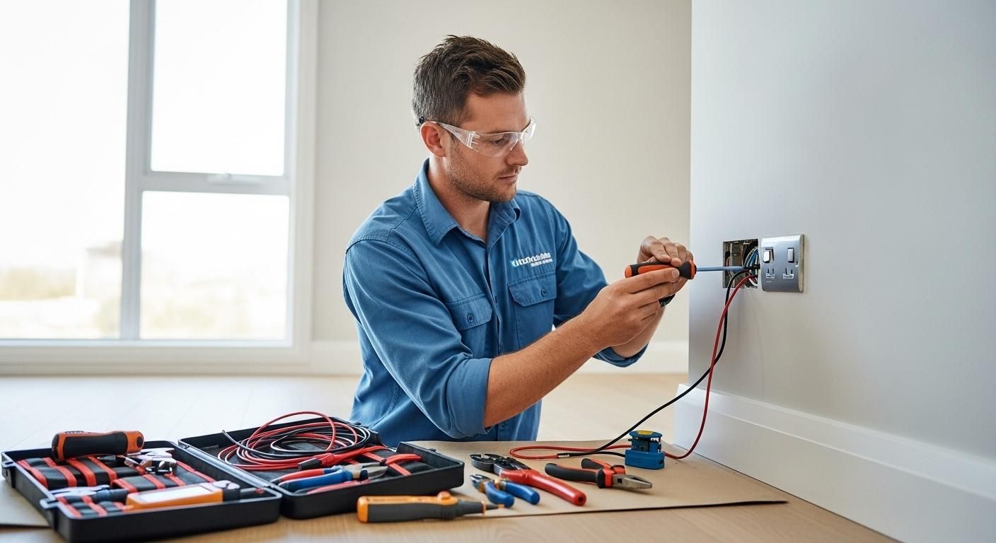 Gloved hands wiring an electrical outlet box in a wall, with exposed cables and tools on the floor.