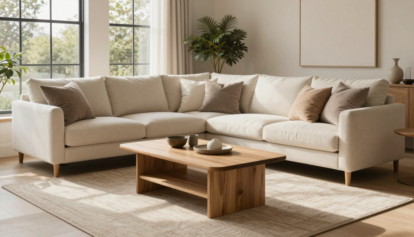 Luminoso salón con sofá seccional beige, mesa de centro de madera y un gran ventanal con cortinas.