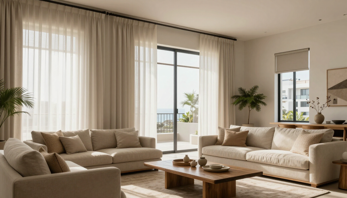 Salón luminoso y de tonos neutros, con sofás beige, cortinas, una mesa de centro y grandes ventanales con vistas al balcón
