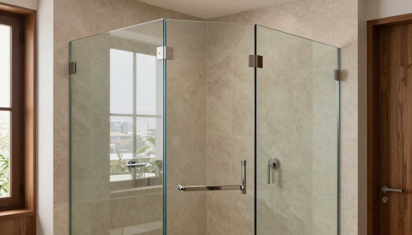 Ducha a ras de suelo con mampara de cristal, paredes de azulejos beige y accesorios cromados en un baño