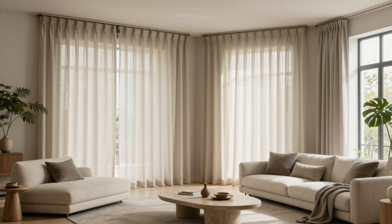 Luminoso salón en tonos beige con cortinas de suelo a techo
