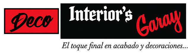 Logotipo de Deco Interior's Gary en negro, rojo y blanco, con un eslogan en español debajo